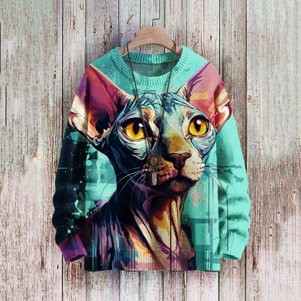Cat Art Print Pullover Knitted Sweater elevenforest