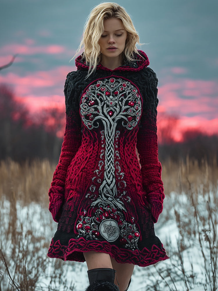 Viking Tree Of Life Pattern Gradient Hooded Sweater Dress artswardrobe