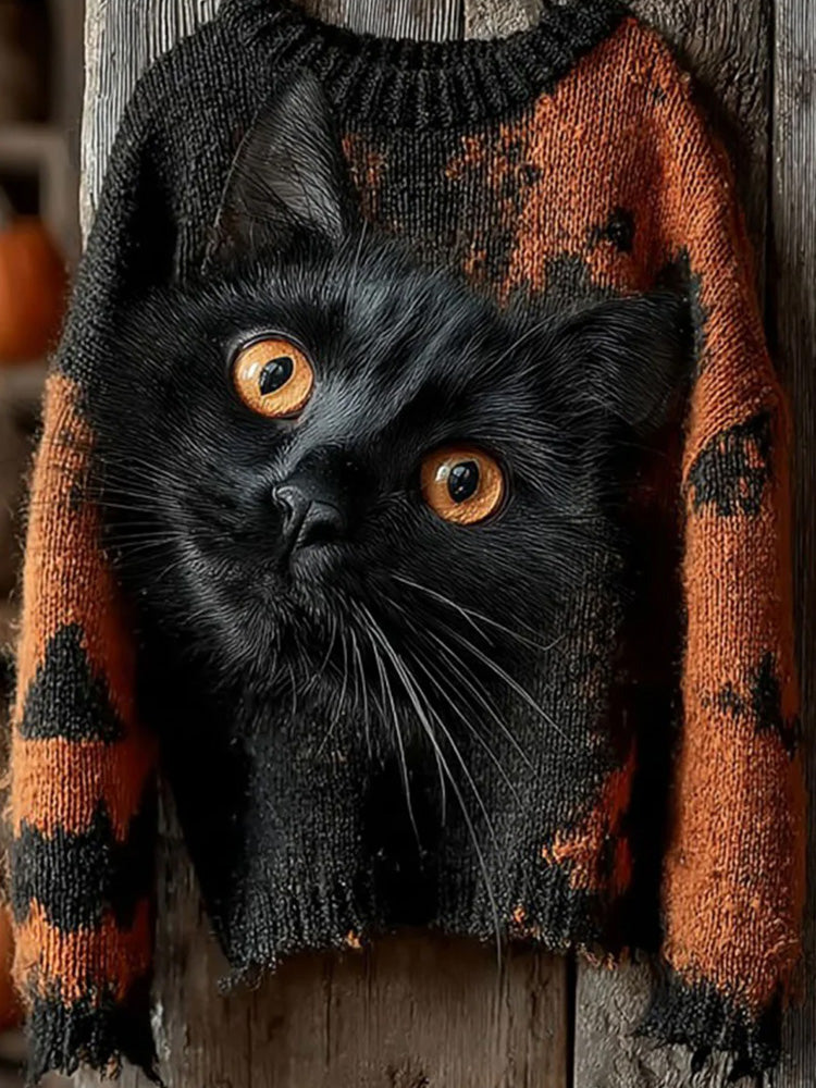 Women's Halloween Black Cat Knitted Sweater elevenforest