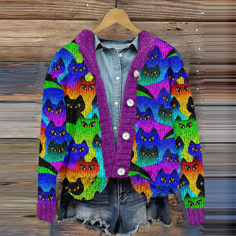 Vintage Rainbow Cats World Knit Pattern Women's Cardigan elevenforest
