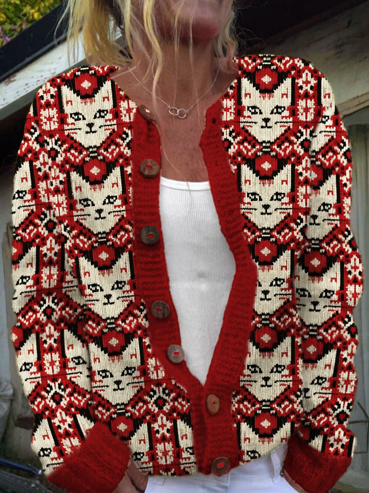 Christmas Cat Knit Pattern Sweater Cardigan elevenforest