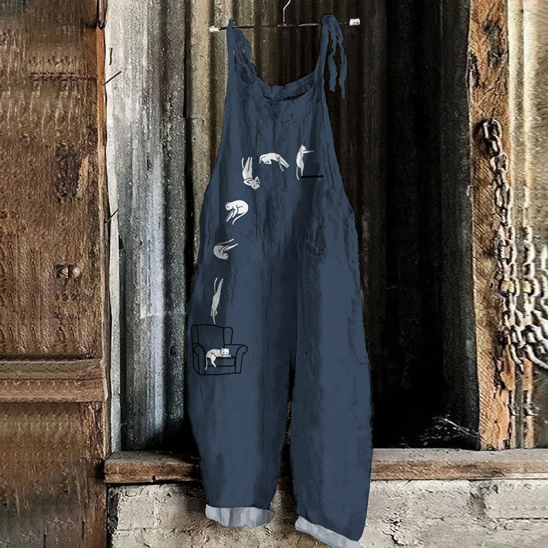 Art Cat Print Loose Casual Jumpsuit elevenforest