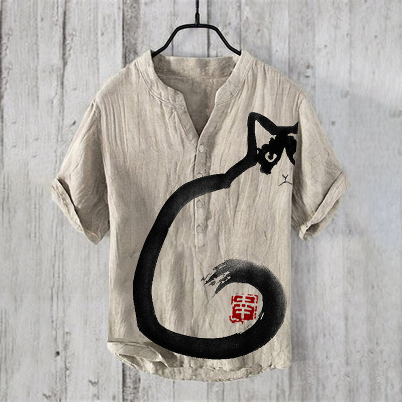 Retro Japanese Abstract Freehand Cat Art Print Half Button Linen Blend Shirt elevenforest