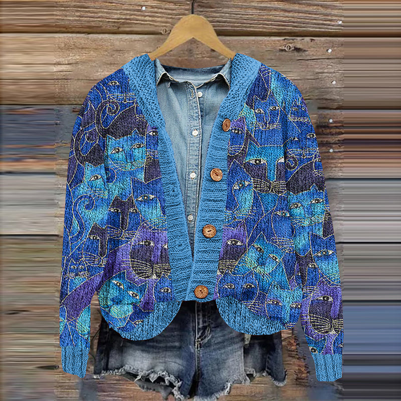 Women's Denim Ombre Cat Print Sweater elevenforest