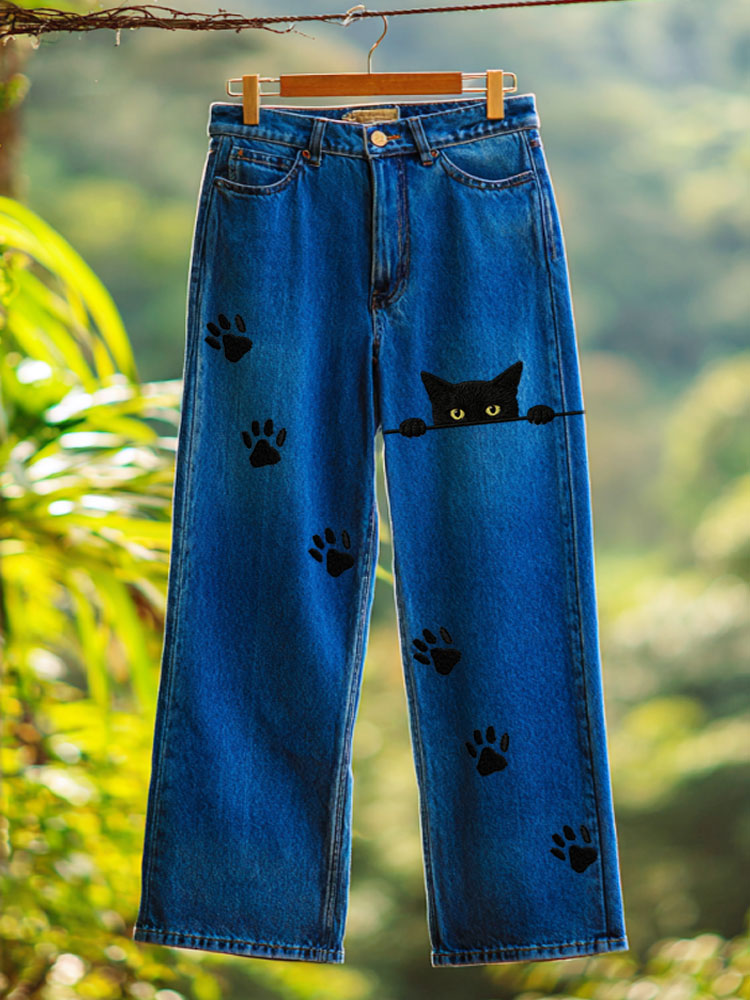 Peeking Black Cats Paw Prints Washed Wide Jeans elevenforest