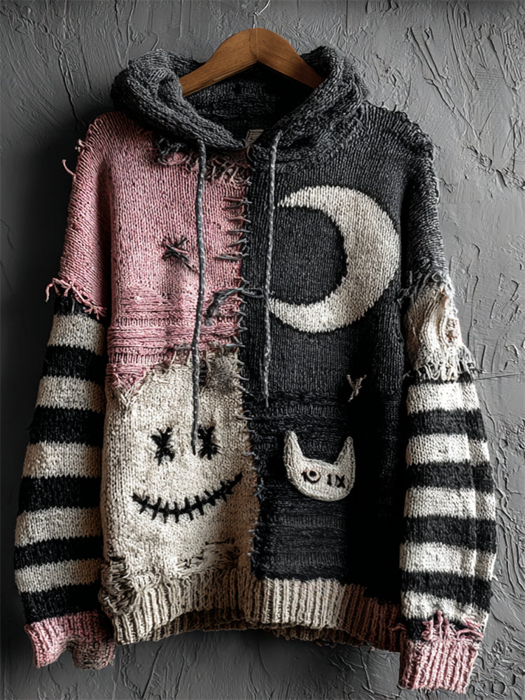 Halloween Stitches Face & Cat Moon Contrast Patchwork Cozy Hooded Sweater elevenforest