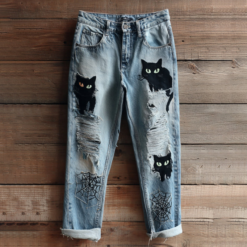Women's Halloween Black Cats And Spiders Embroidery Vintage Washed Jeans elevenforest