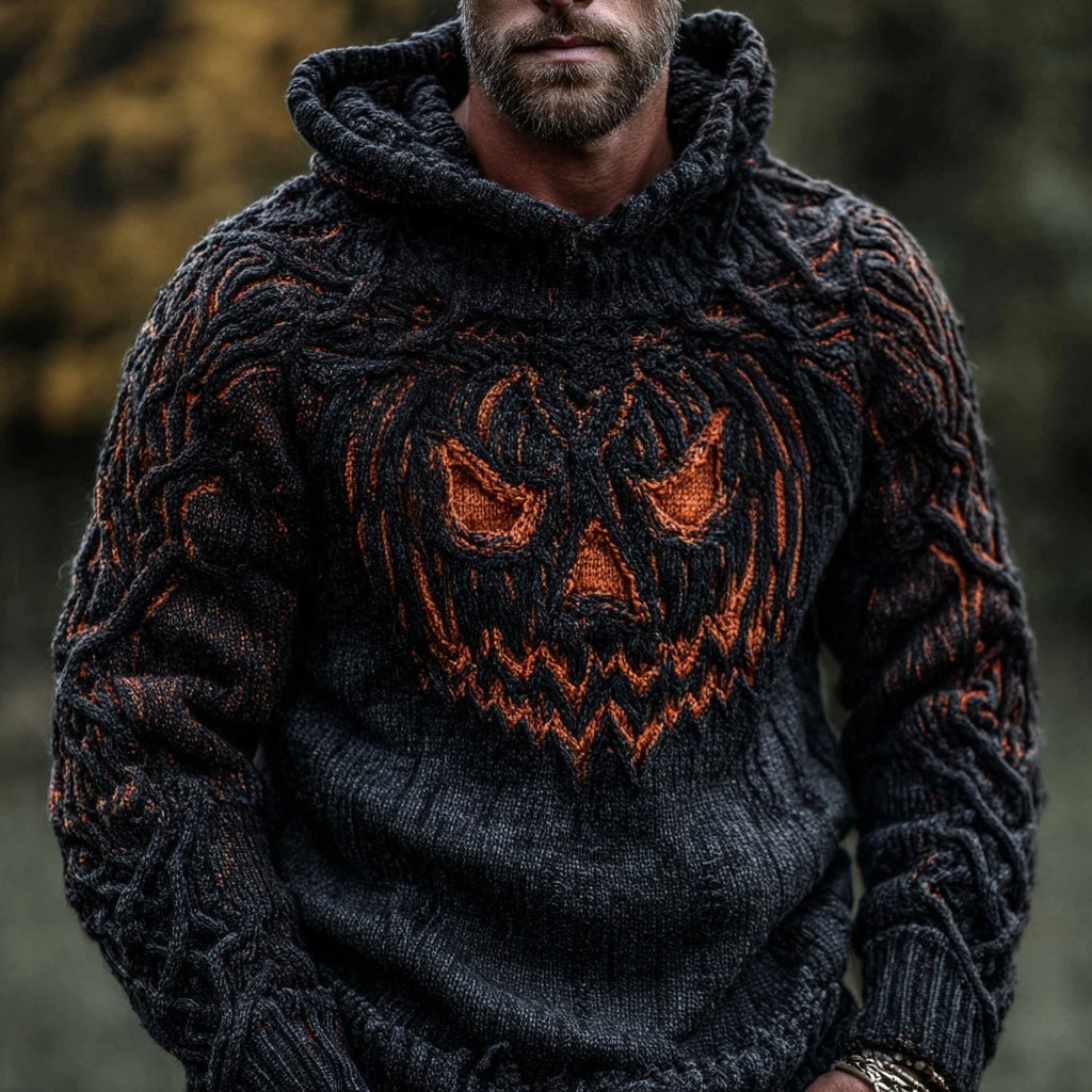 Men's Halloween Pumpkin Face Chunky Hooded Sweater artswardrobe