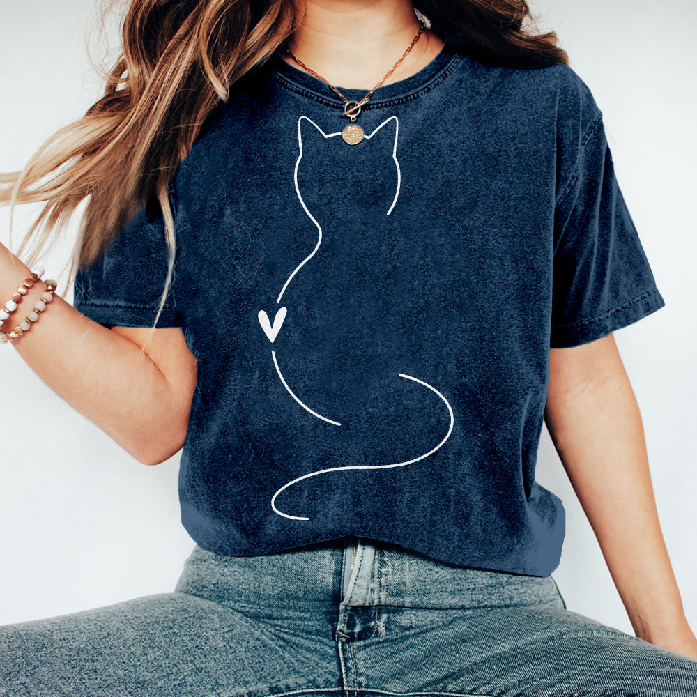 Lovely Simple Line Cat Art Vintage Washed T Shirt elevenforest
