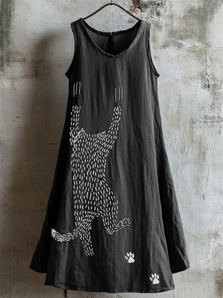 Funny Hanging Cat Embroidered Linen Tank Dress elevenforest
