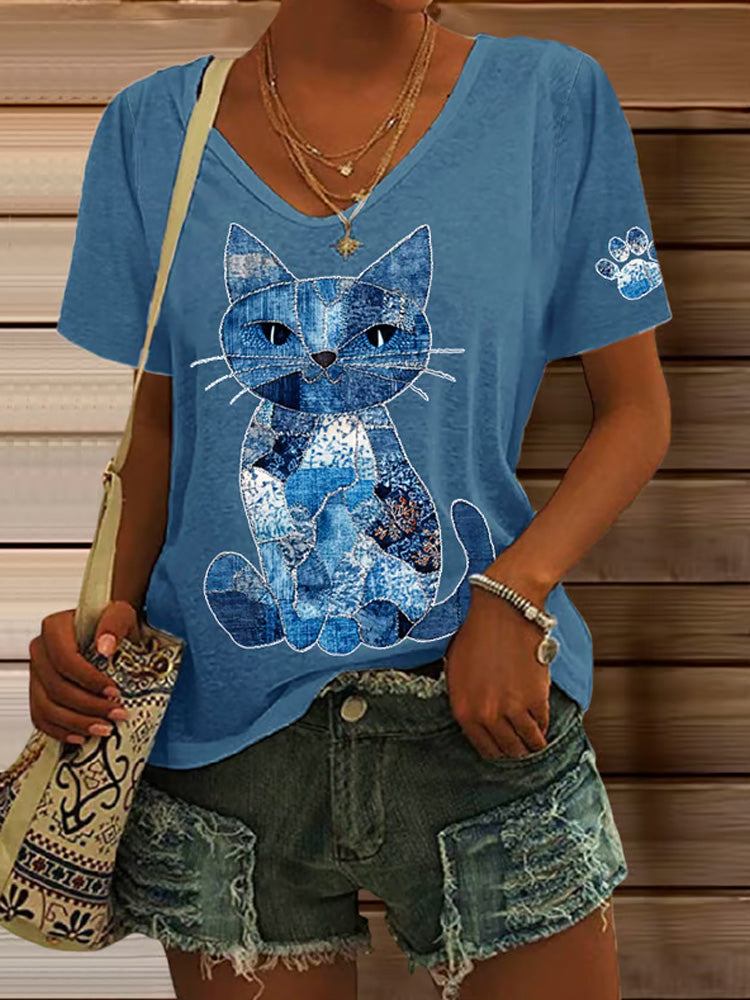 Women's Retro Animal Cat Print V-neck T-shirt elevenforest