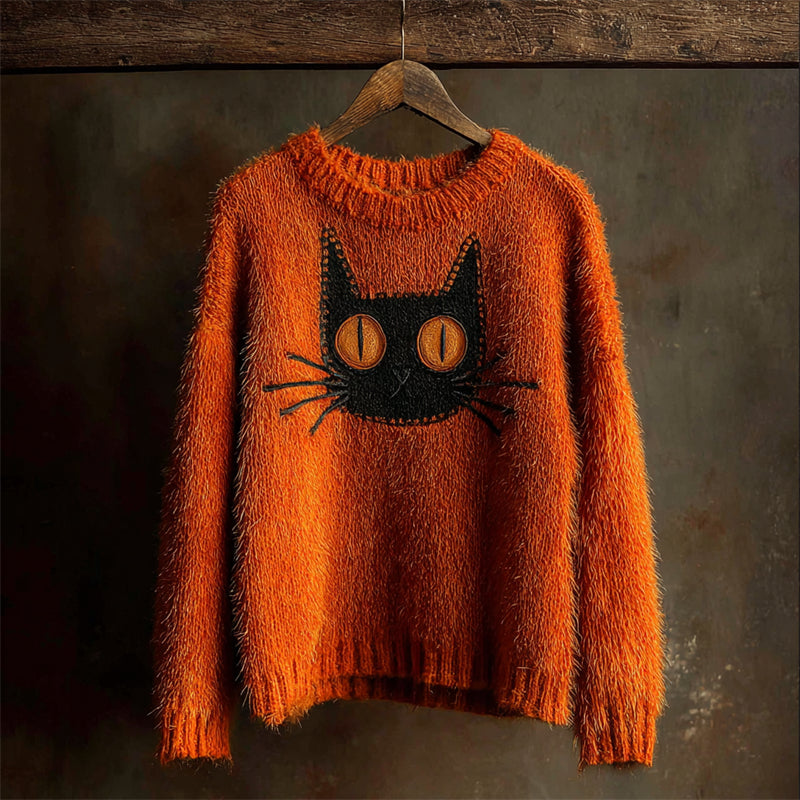 Halloween Black Cat Patchwork Cozy Fuzzy Sweater elevenforest
