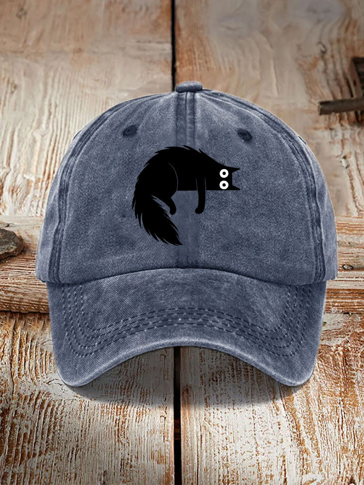 Japanese Art Black Cat Print Washed Hat elevenforest