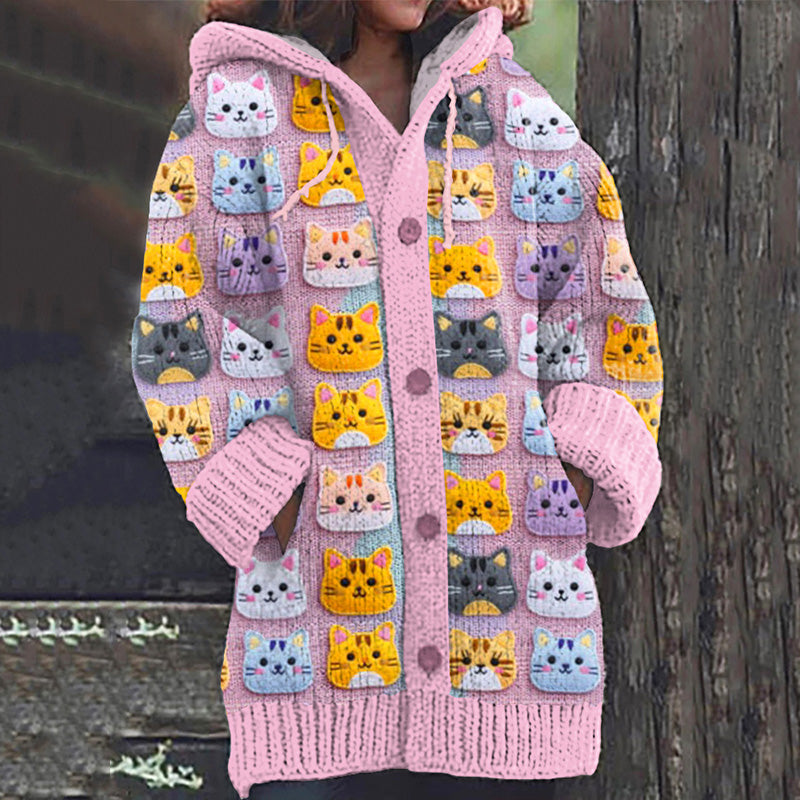 Women's Lovely Cats Embroidery Art Graphics Cozy Cardigan Sweater elevenforest