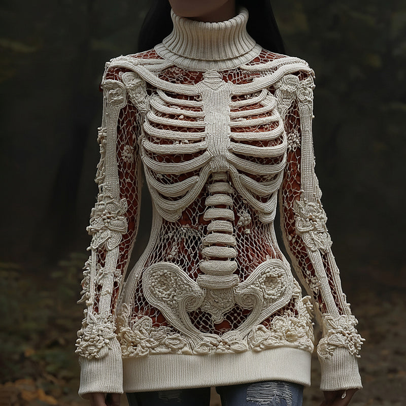 Women's Halloween Skull Sequin Art Knitted Warm Turtleneck Sweater artswardrobe
