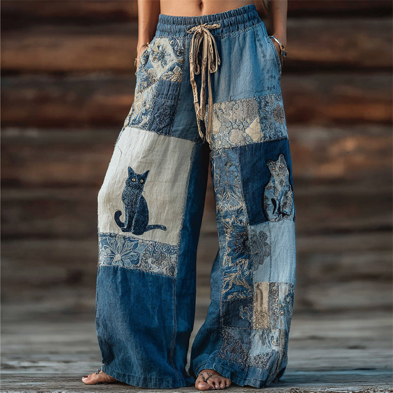 Boho Cats Floral Fiber Art Patchwork Flowy Wide Leg Pants elevenforest