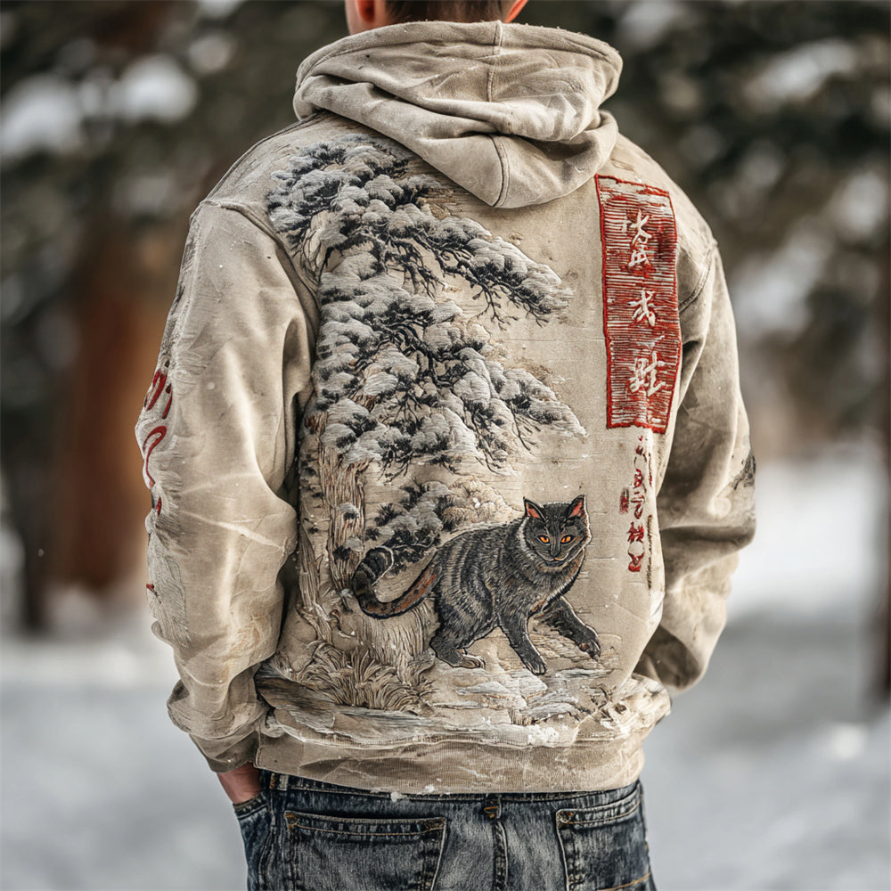 Japanese Cat & Snow Figure Embroidery Men's Hooded Sweatshirt elevenforest