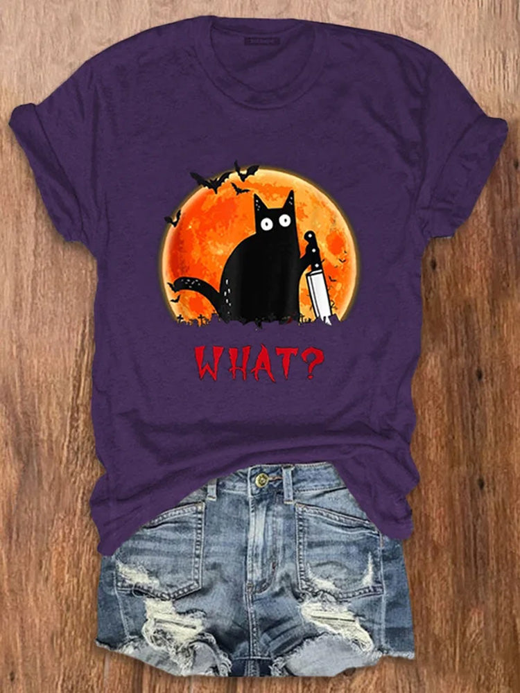 Women's Halloween Fun Black Cat Print Crew Neck T-Shirt elevenforest