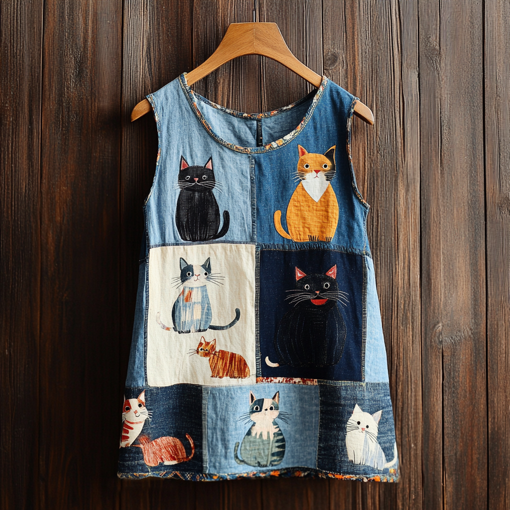 Women's Cat Patchwork Print Linen Tank Top elevenforest