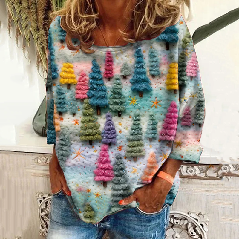 Women's Christmas Colorful Tree Pattern Print Long Sleeve T-Shirt elevenforest