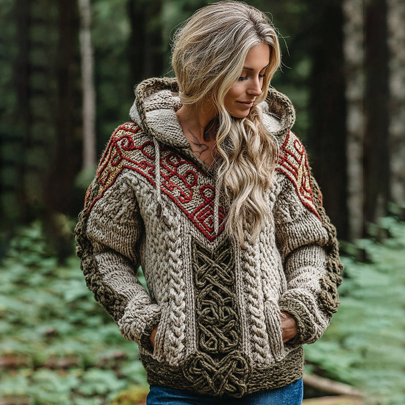 Women's Classic Celtic Knot Irish Jacquard Contrast Print Knit Hoodie artswardrobe