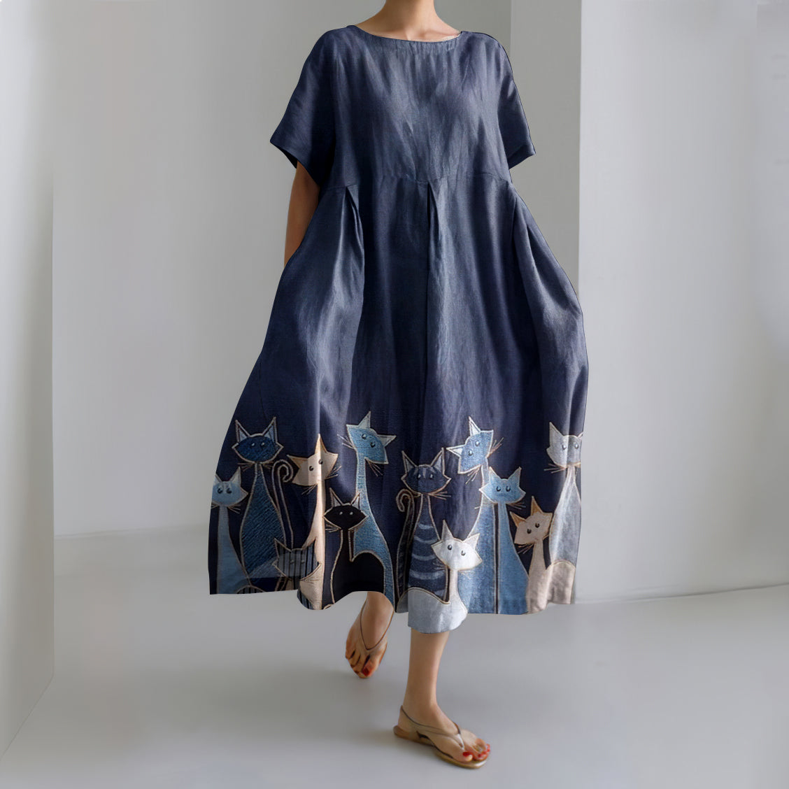 Women's Vintage Abstract Geometric Cat Art Linen Blend Maxi Dress elevenforest