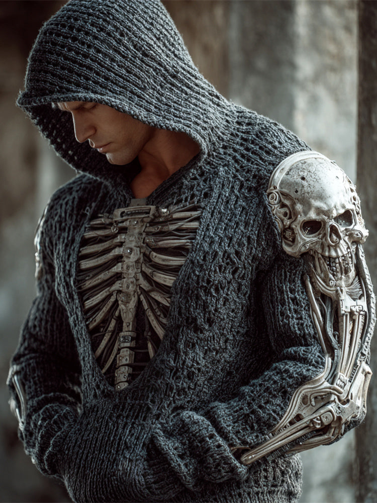 Mechanical Skeleton Bone Art Men's Hooded Knit Sweater artswardrobe