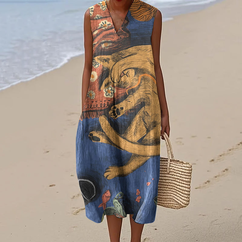 Women's Sleeping Cat Art Print V-neck Dress elevenforest