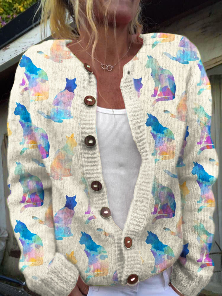 Robotic Cat Print Women's Cozy Sweater Cardigan elevenforest