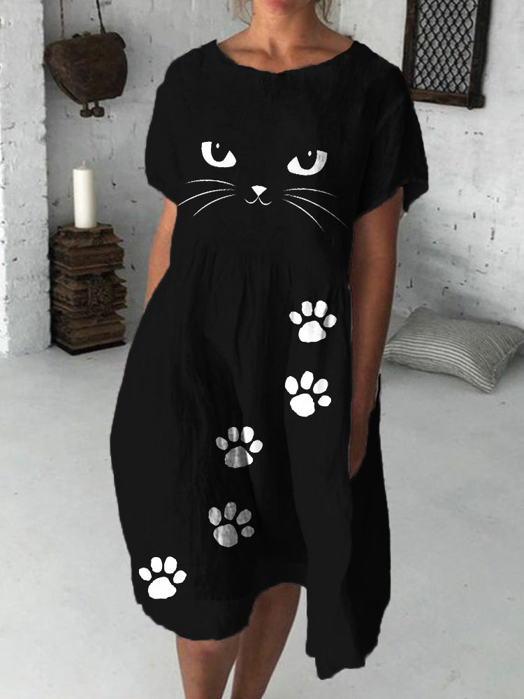 Black Cat Face Paw Print Midi Dress elevenforest