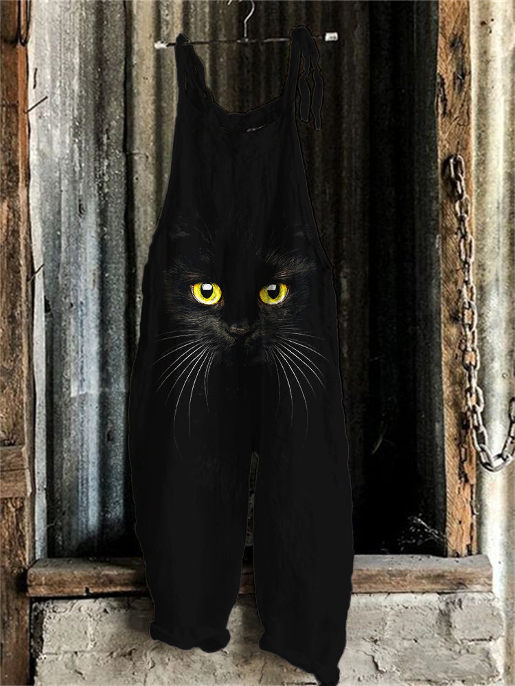 Black Cat Face Print Loose Fit Jumpsuit elevenforest