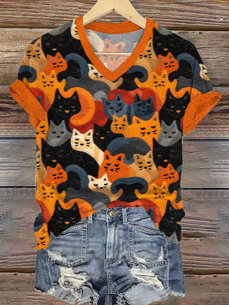 Felt Art Cat Pattern V-Neck Short Sleeve T-Shirt elevenforest