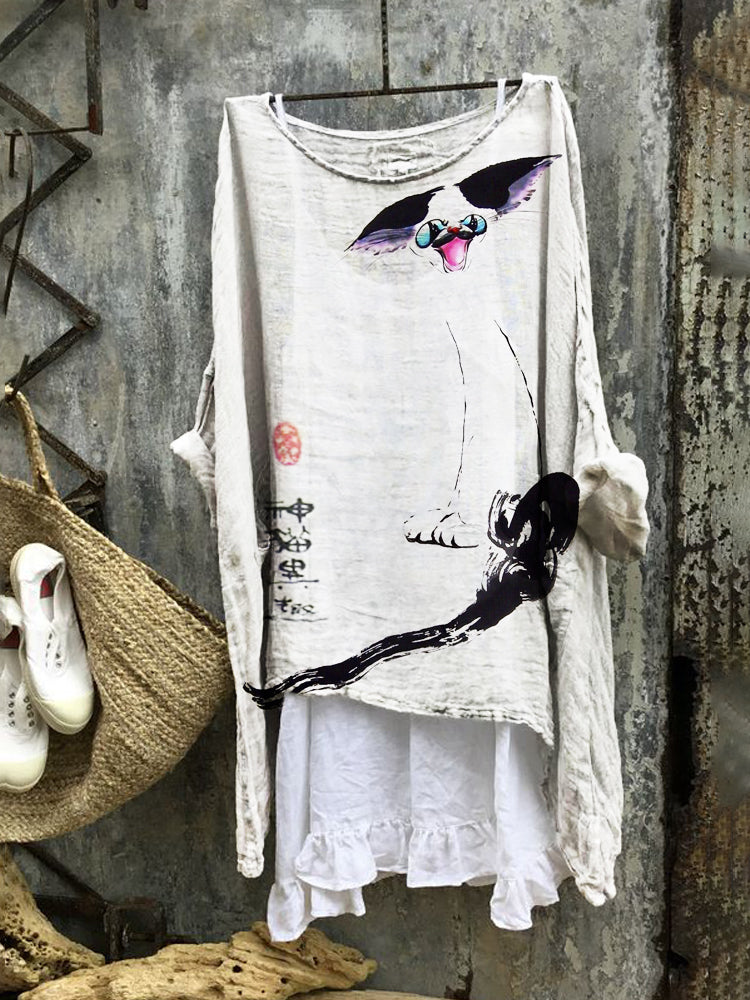 Happy Cat Women's Linen Flowy Tunic elevenforest