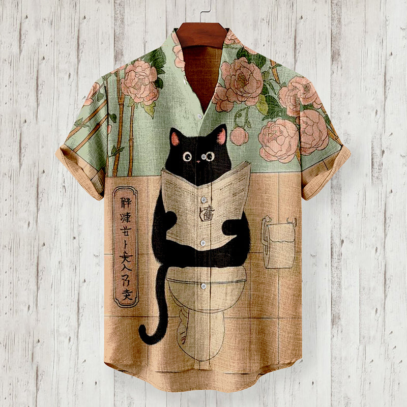 Vintage Japanese Black Cat Art Comfy Linen Shirt elevenforest
