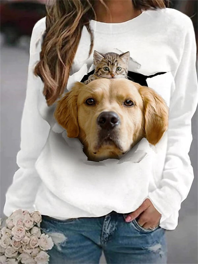 Fun Cat And Dog 3D Print Long Sleeve Sweatshirt elevenforest