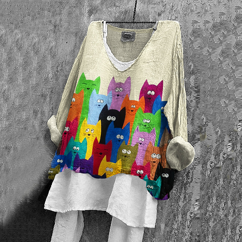Vintage Abstract Color Cat Art Linen Blend Blouse elevenforest
