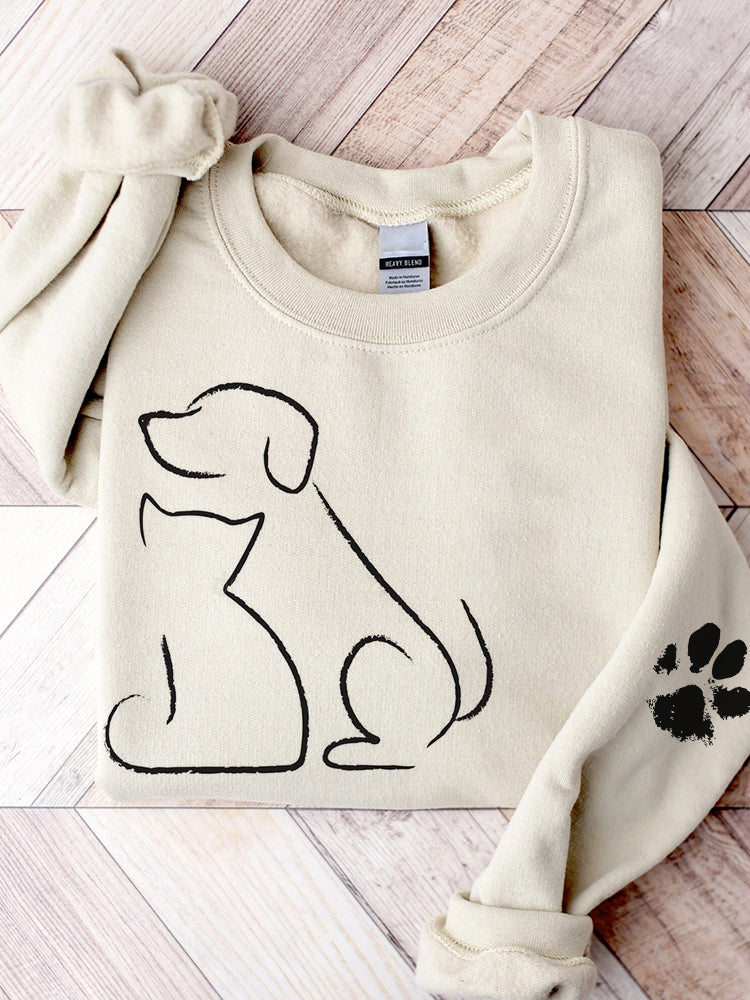 Cat & Dog Line Art Paw Print Comfy Sweatshirt elevenforest
