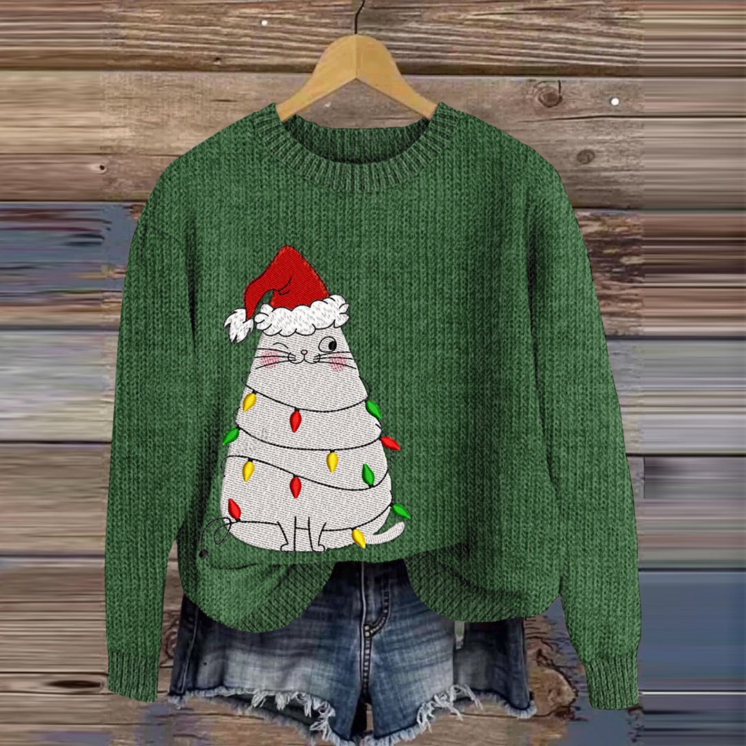 Women's Christmas Cat Light Embroidery Art Knitted Casual Sweater elevenforest