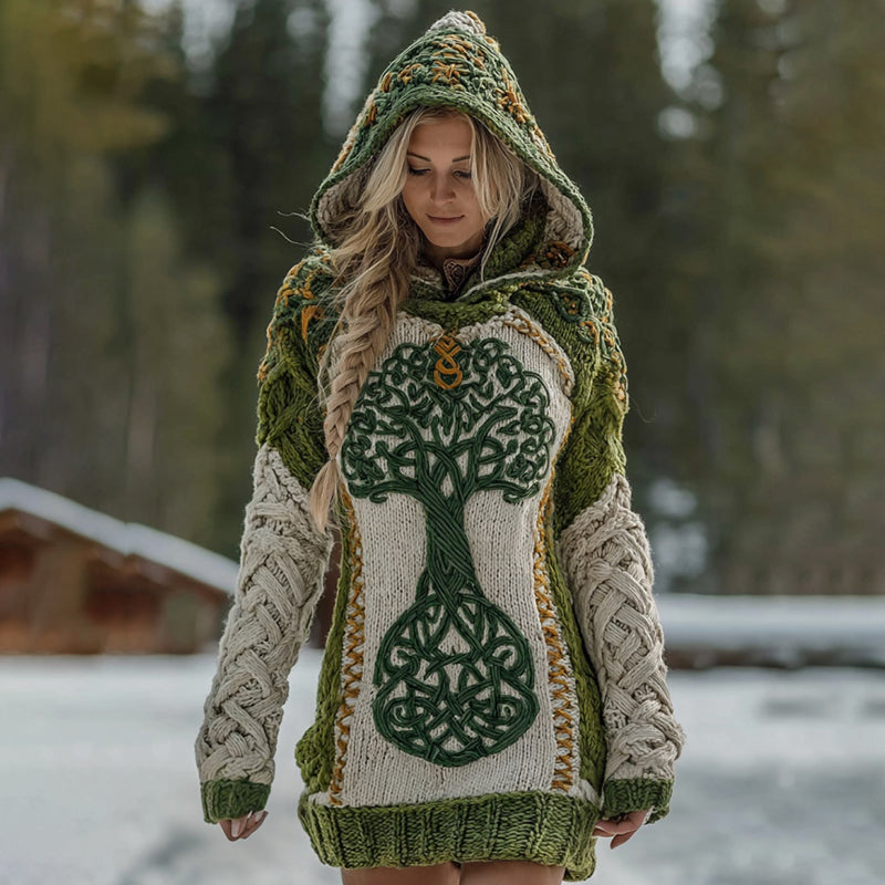 Women's Viking Celtic Knot Tree Of Life Art Cozy Knit Mini Hooded Sweater Dress artswardrobe