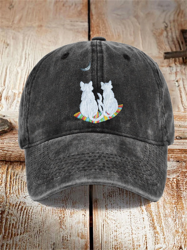 Cats & Moon Embroidery Washed Hat elevenforest