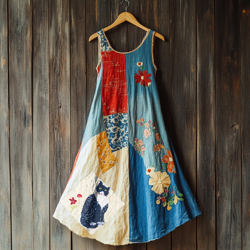 Cute Cat Floral Patchwork Midi Dress elevenforest