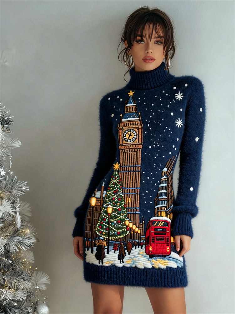 Classy Christmas Snowy Night London Cozy Sweater Dress artswardrobe