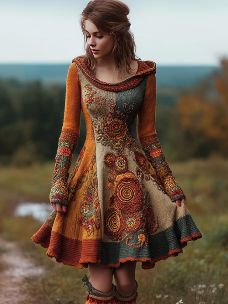 Bohemian Style Autumn And Winter Warm Women's Hooded Knitted Sweater Dress artswardrobe