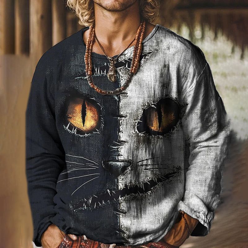 Men's Contrast Color Horror Cat Face Print Long Sleeve T-shirt elevenforest