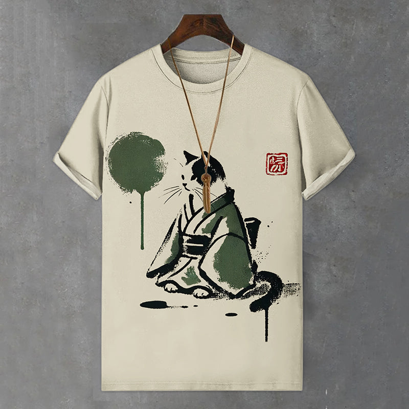 Men's Japanese Hot Black Cat Art Print Comfortable T-shirt elevenforest