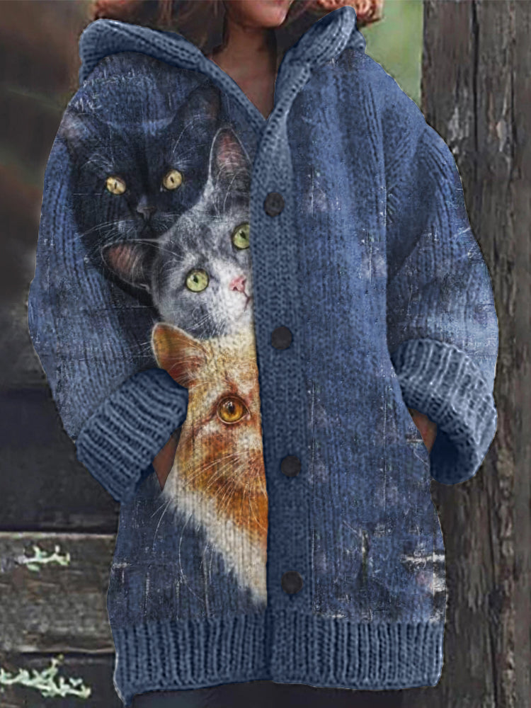 Fuzzy Cats Peeking Art Cozy Knit Hooded Cardigan elevenforest