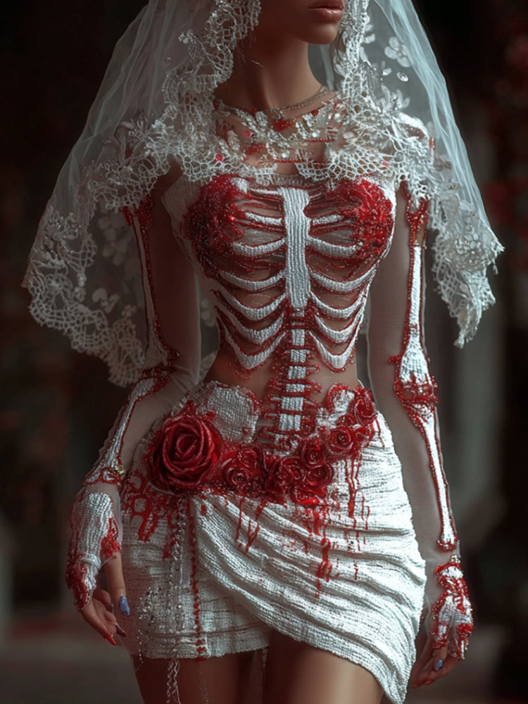 Women's Halloween Skeleton Red Rose Taboo Romantic Round Neck Dress artswardrobe