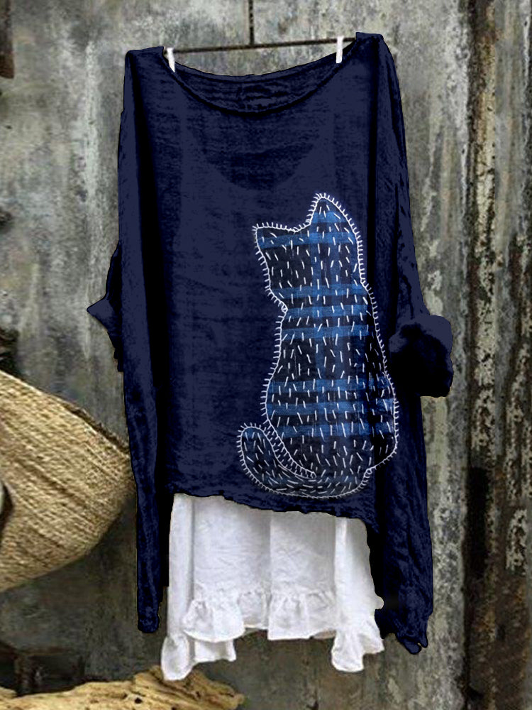 Cute Cat Japanese Art Embroidered Linen Blend Tunic elevenforest