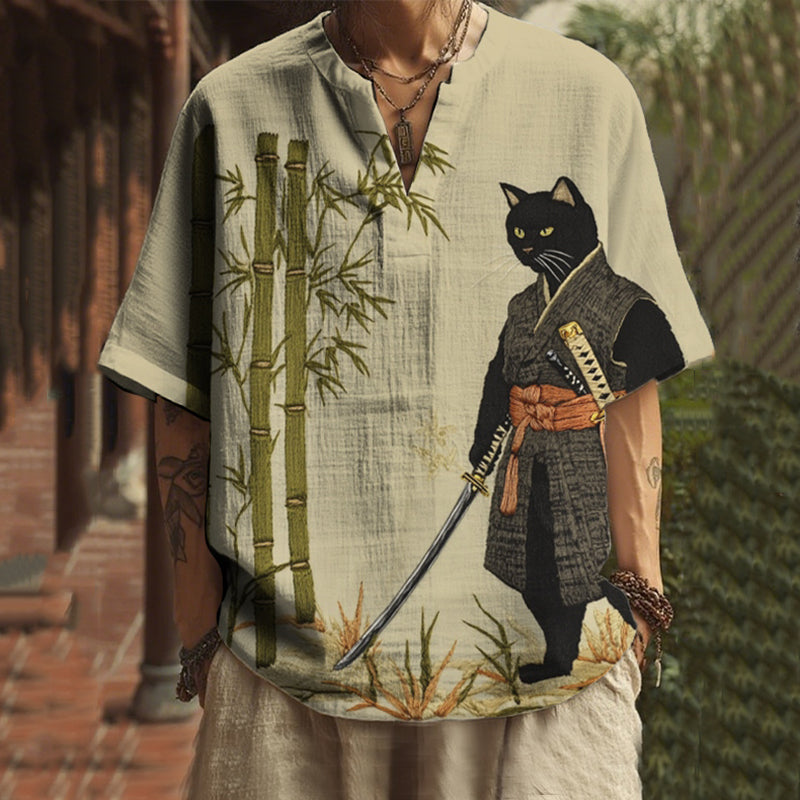 Men's Japanese Black Cat Swordsman Bamboo Embroidery Print Casual V Neck Shirt elevenforest