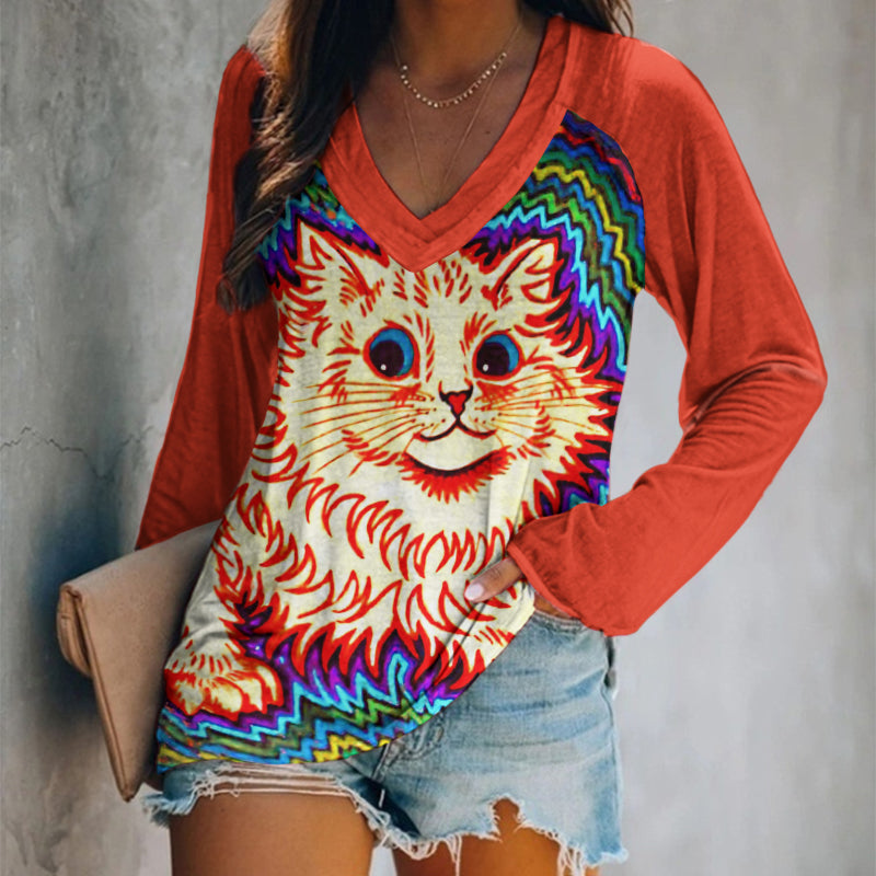 Colorful Cat Print Women's V-Neck T-Shirt elevenforest
